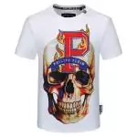 philipp plein t-shirt cut round neck fire-p skull white